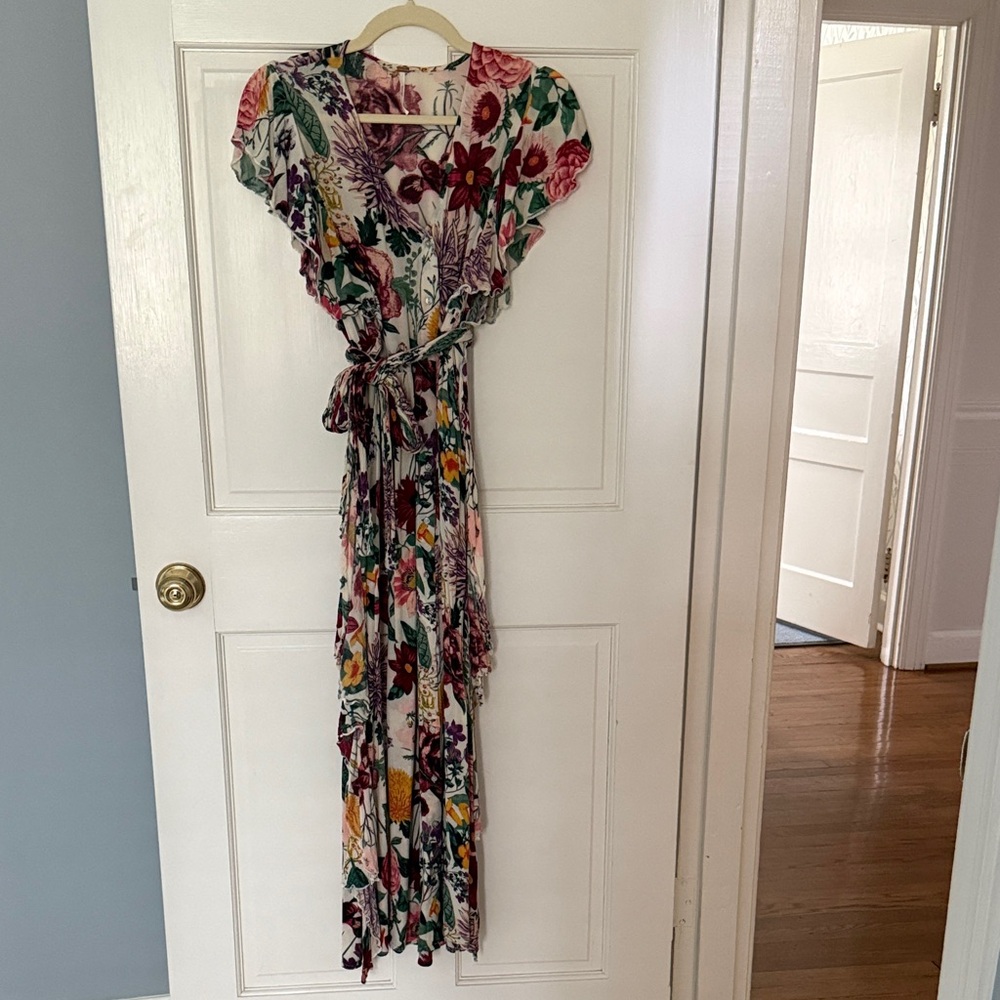 Free People Floral Wrap Maxi Dress in Cream with Red, Green & Yellow
